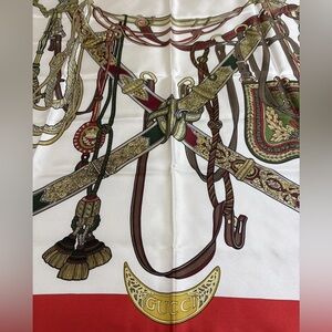 GUCCI Silk Scarf 33in Equestrian Harness Tack Red Ivory Green Classic Italy